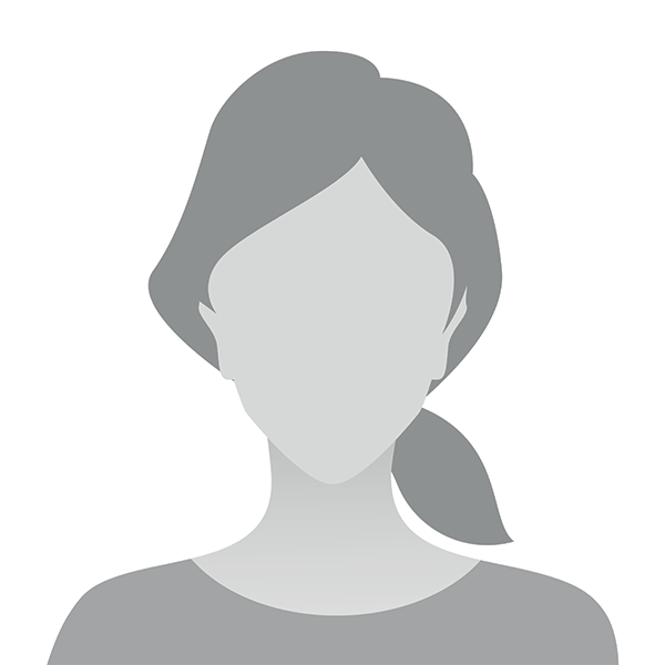 The image is a grayscale icon of a female profile, featuring a stylized head and shoulders with hair tied back, against a neutral background.